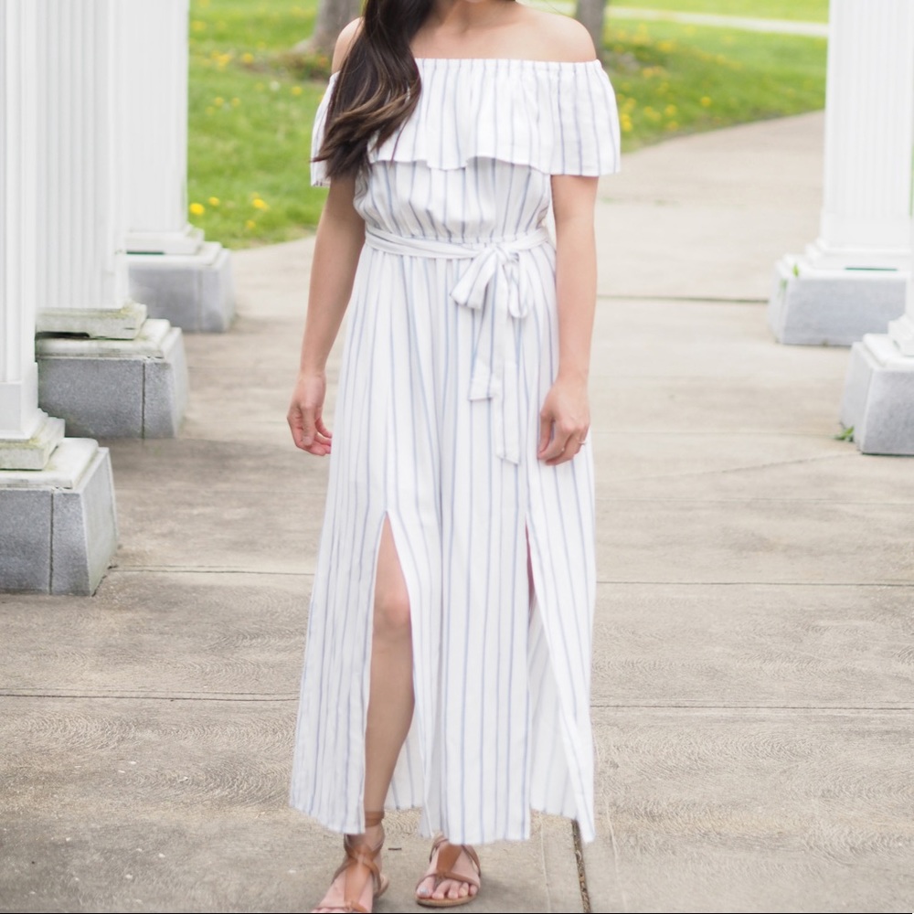 FOREVER 21 BLUE STRIPED OFF SHOULDER MAXI DRESS